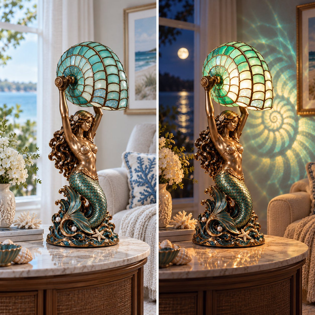 ✨🐚 Moon Tide Mermaid Nautilus Lamp