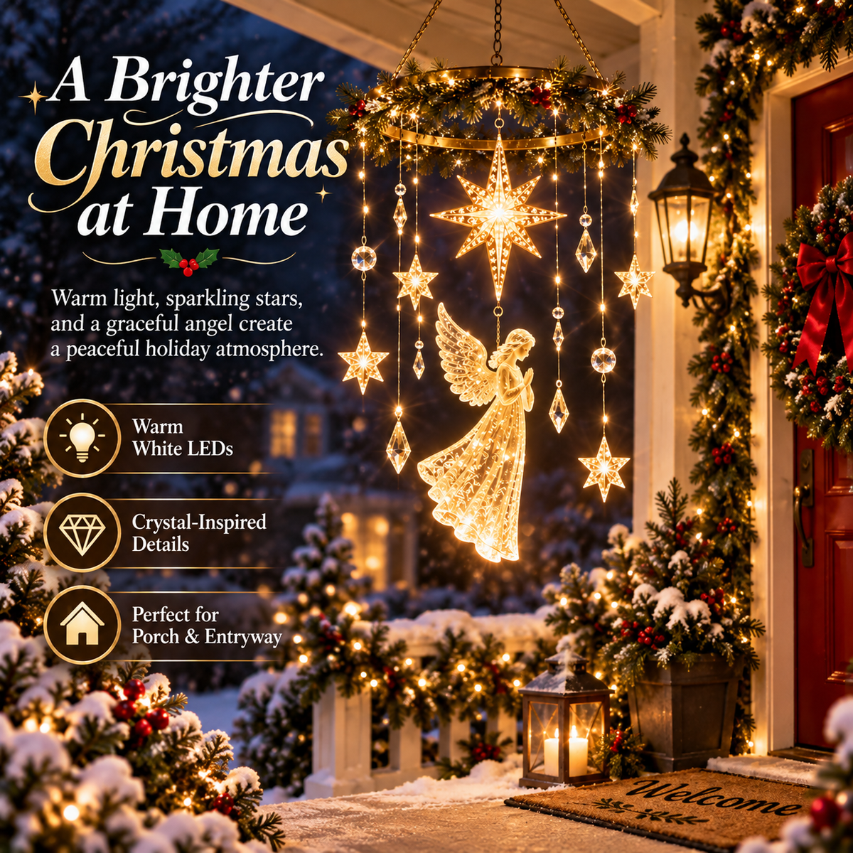 Angel Star Christmas Hanging Light – Warm White LED Holiday Chandelier with Crystal Accents