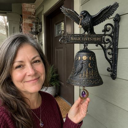 🐦‍⬛🔔 Enchanted Raven Bell – Gothic “Magic Lives Here” Door Decor