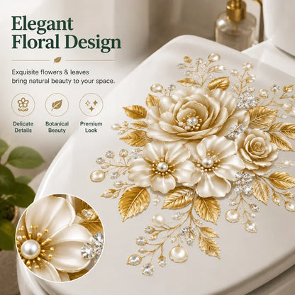 🔥 Limited-Time 49% OFF 🌸3 Piece Golden Floral Toilet Stickers – Pearl-Inspired Bathroom Decals