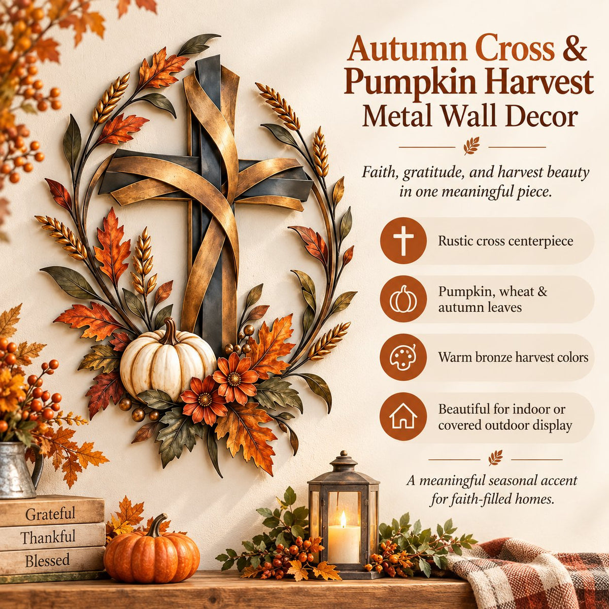 🔥LAST DAY 50% OFF -✝️🍂 Autumn Cross & Pumpkin Harvest Metal Wall Decor