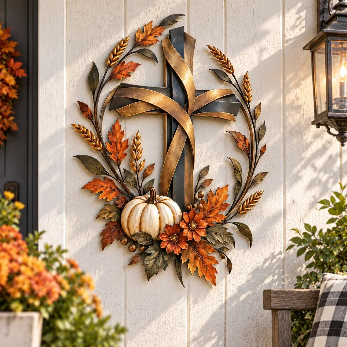 🔥LAST DAY 50% OFF -✝️🍂 Autumn Cross & Pumpkin Harvest Metal Wall Decor