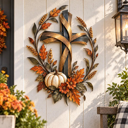 🔥LAST DAY 50% OFF -✝️🍂 Autumn Cross & Pumpkin Harvest Metal Wall Decor
