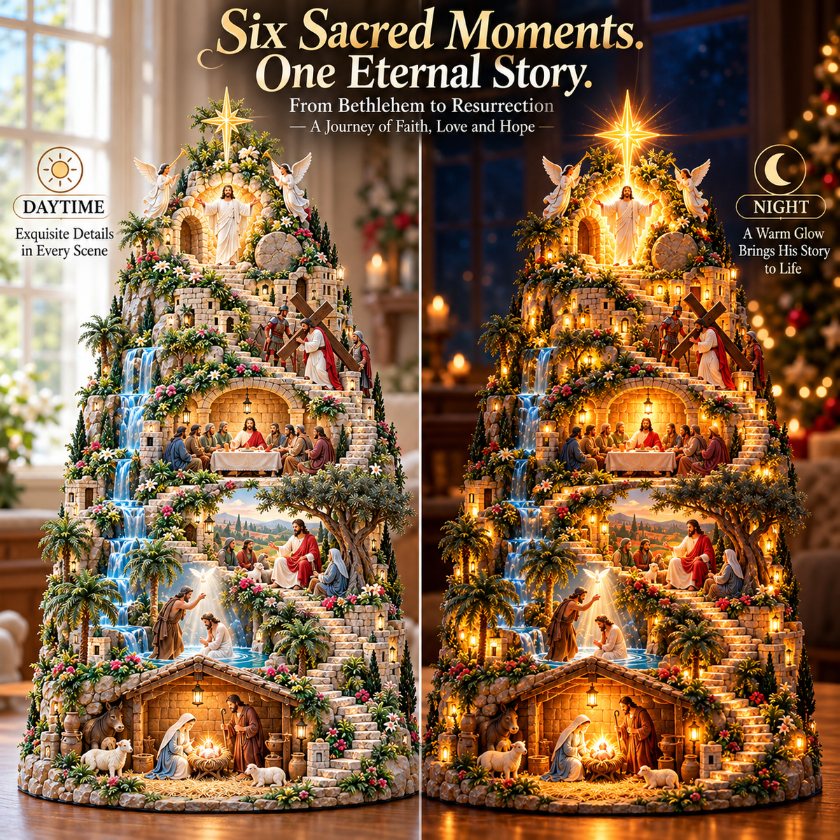✝️ “The Journey of Faith™” — A 3D “Life of Jesus” mountain display featuring integrated lighting and six sacred biblical scenes.