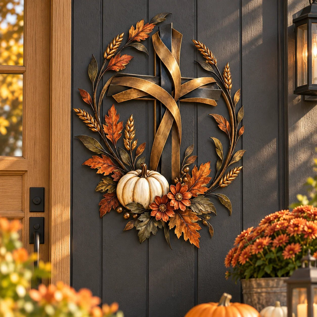 🔥LAST DAY 50% OFF -✝️🍂 Autumn Cross & Pumpkin Harvest Metal Wall Decor