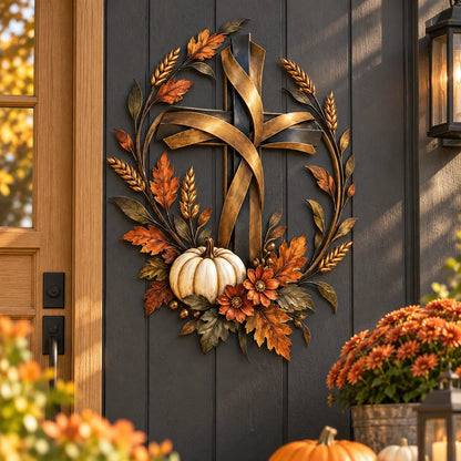 🔥LAST DAY 50% OFF -✝️🍂 Autumn Cross & Pumpkin Harvest Metal Wall Decor