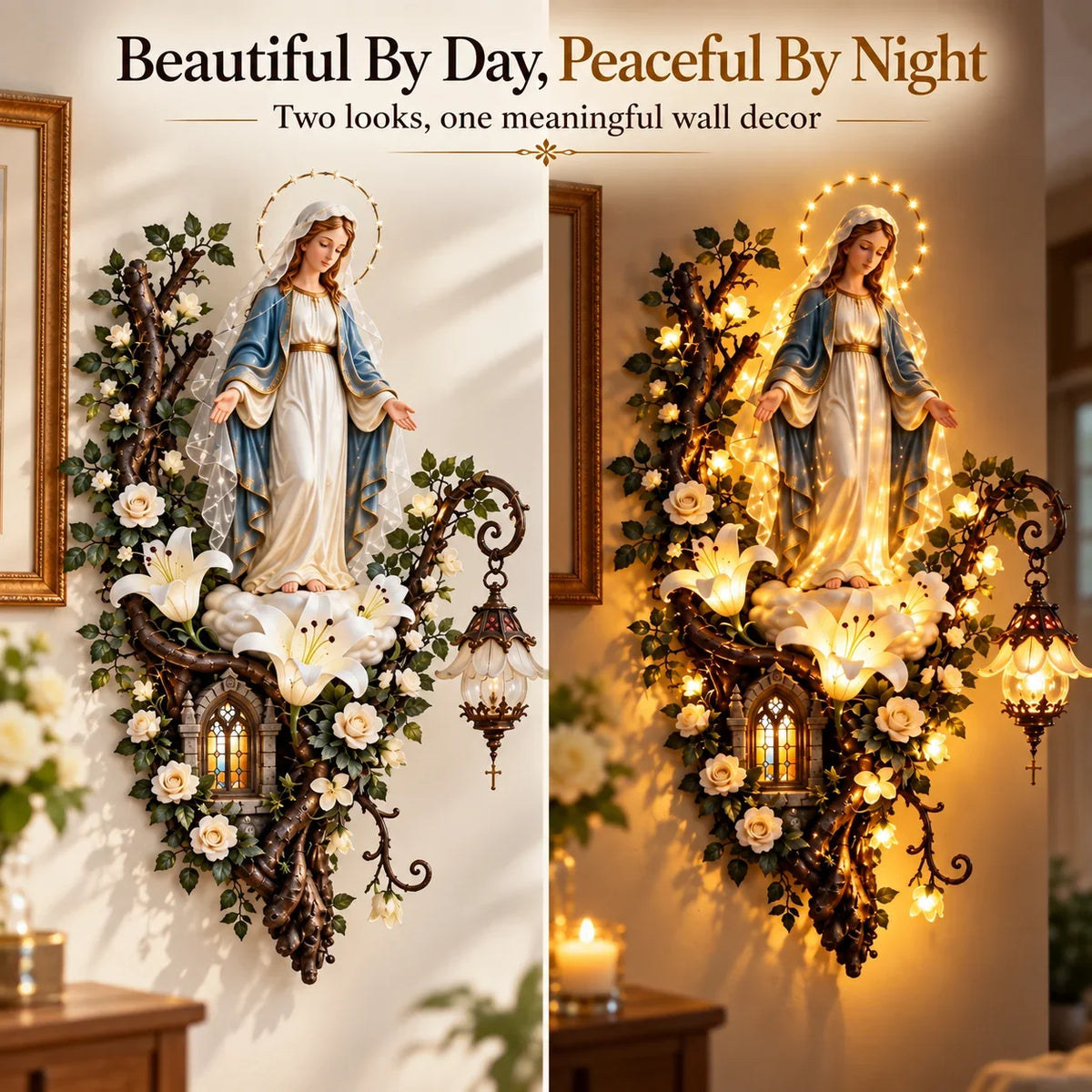 ⏳ Last Day 50% OFF-✨Illuminated Virgin Mary Floral Wall Decor