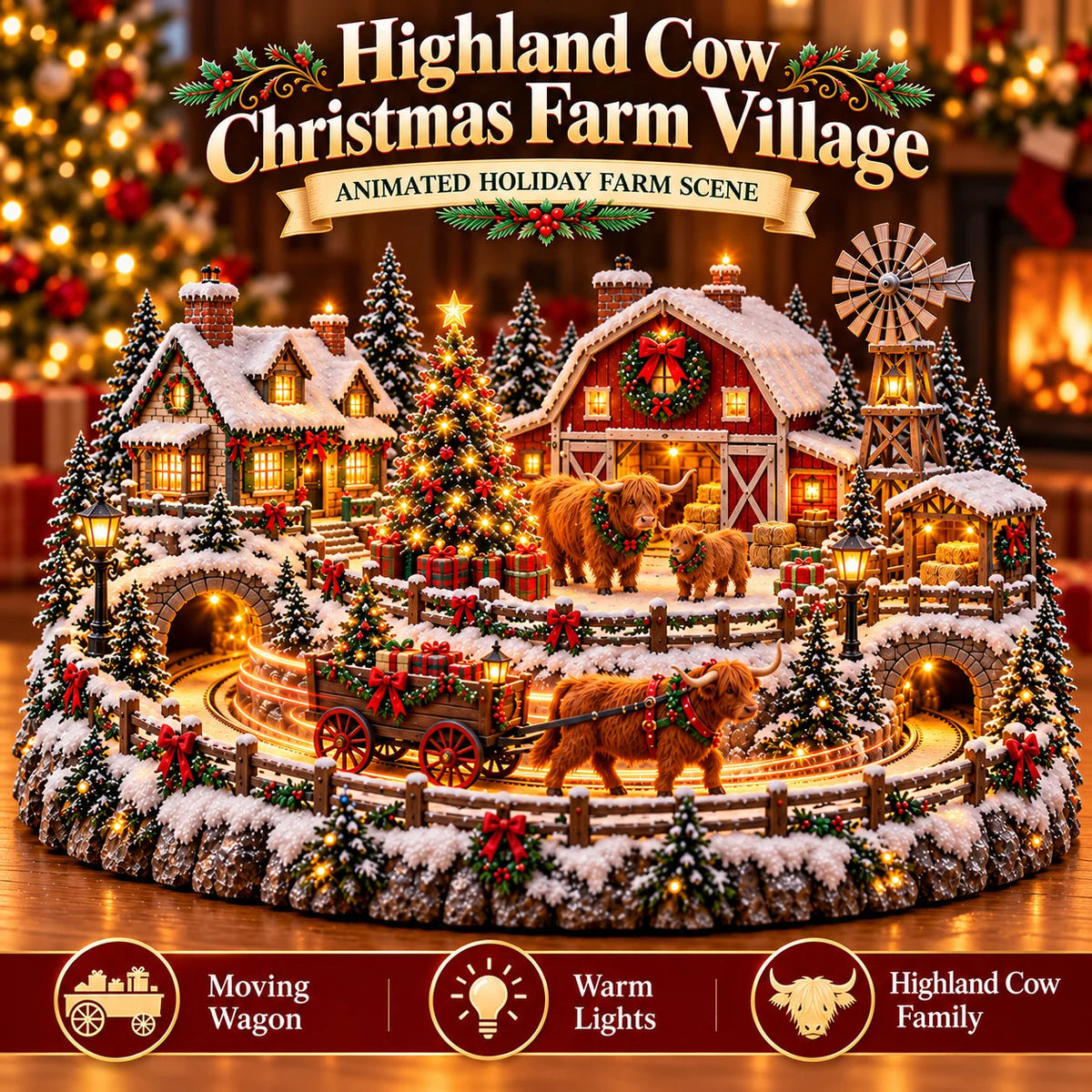 🔥 LAST DAY 49% OFF 🐮 Highland Cow Christmas Farm Village – Animated Holiday Scene