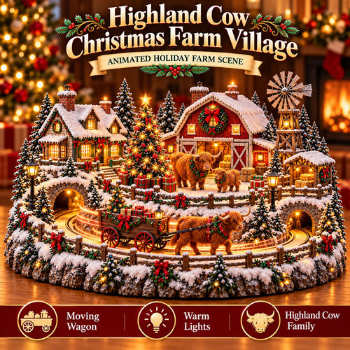 🔥 LAST DAY 49% OFF 🐮 Highland Cow Christmas Farm Village – Animated Holiday Scene