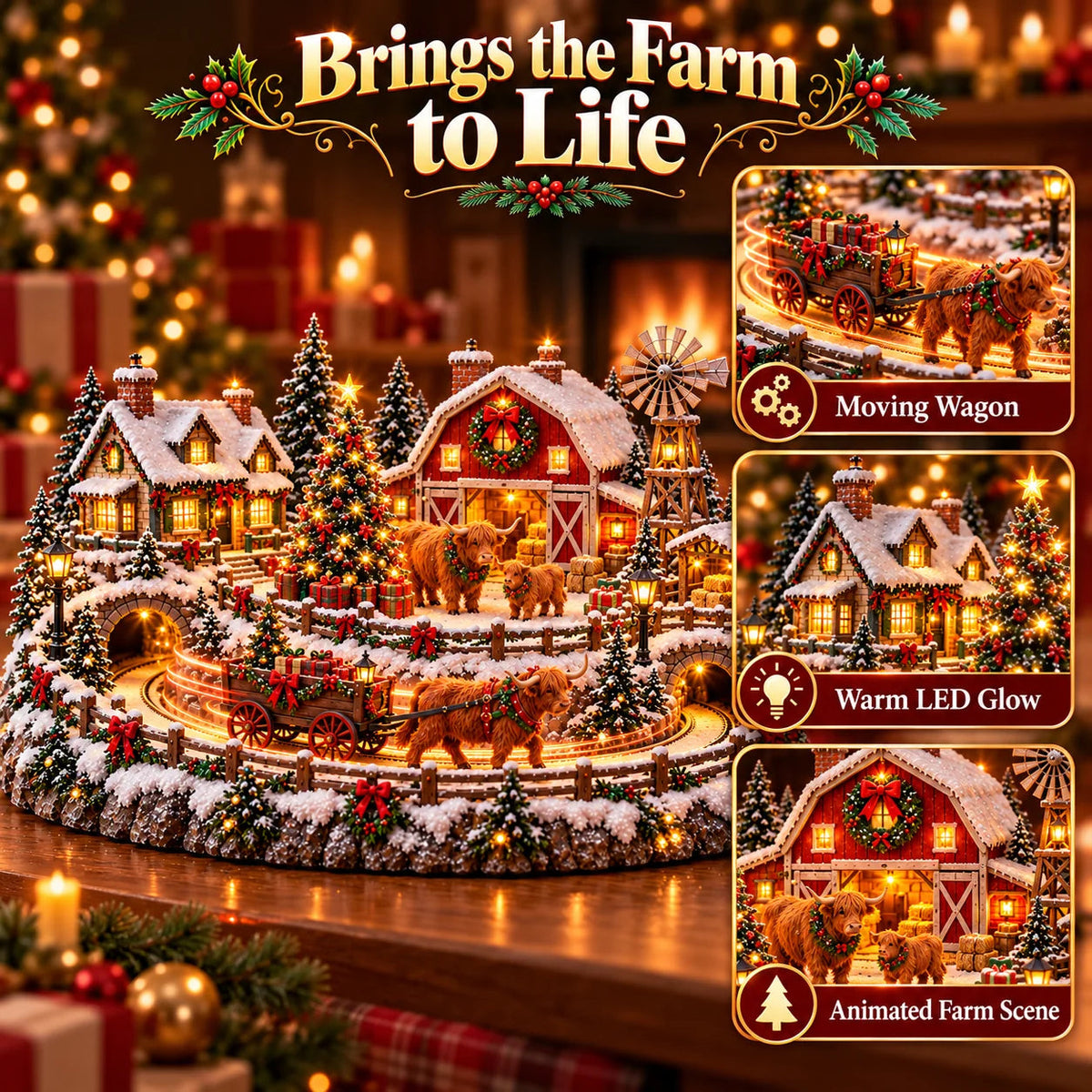 🔥 LAST DAY 49% OFF 🐮 Highland Cow Christmas Farm Village – Animated Holiday Scene