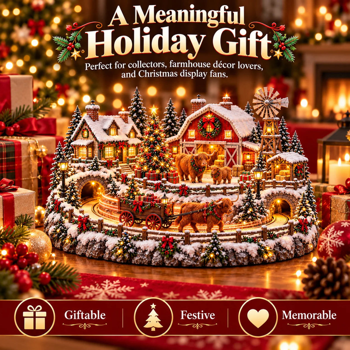🔥 LAST DAY 49% OFF 🐮 Highland Cow Christmas Farm Village – Animated Holiday Scene