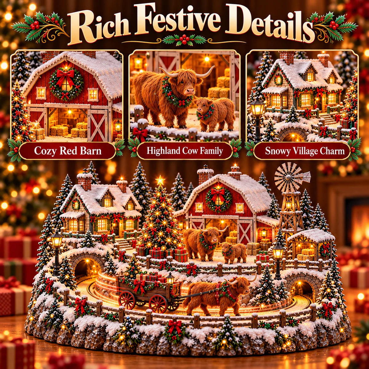 🔥 LAST DAY 49% OFF 🐮 Highland Cow Christmas Farm Village – Animated Holiday Scene