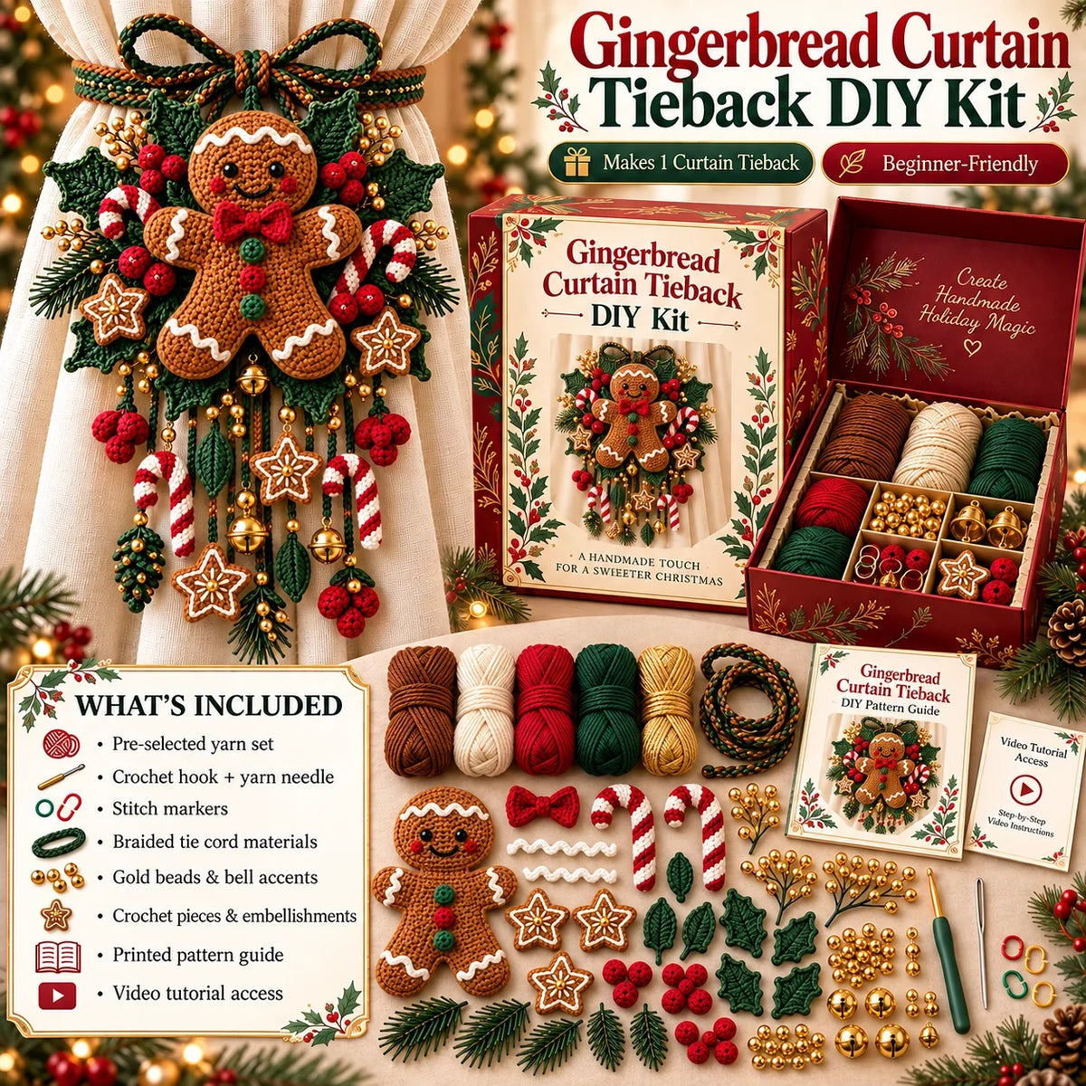 ⏳ Last Day 49% OFF – 🎄 Christmas Crochet Curtain Tieback DIY Kit | Beginner-Friendly Options, 8 Festive Designs 🧶