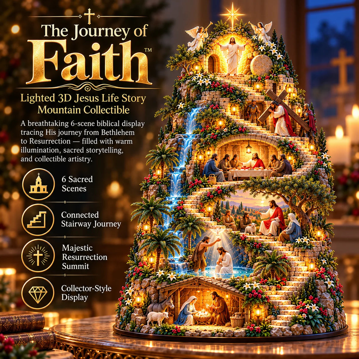 ✝️ The Journey of Faith™ – Lighted 3D Jesus Life Story Mountain with 6 Sacred Biblical Scenes