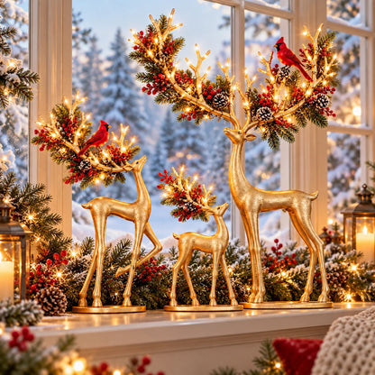 🔥 Last Day 50% OFF-✨ Cardinal Woodland Reindeer™ – Lighted Golden Christmas Deer Decorations