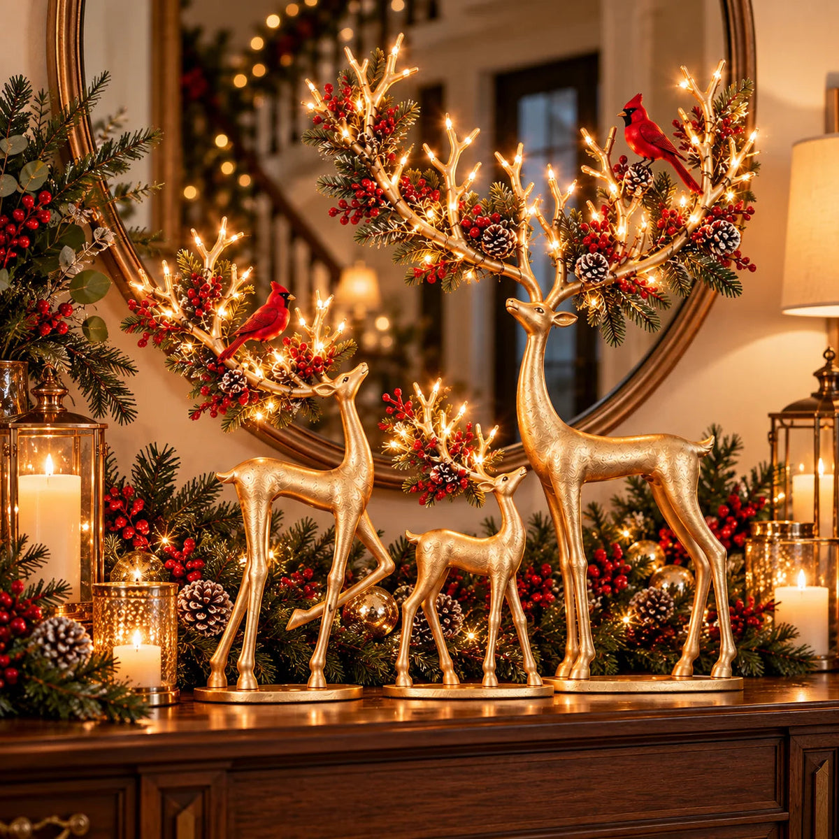 🔥 Last Day 50% OFF-✨ Cardinal Woodland Reindeer™ – Lighted Golden Christmas Deer Decorations