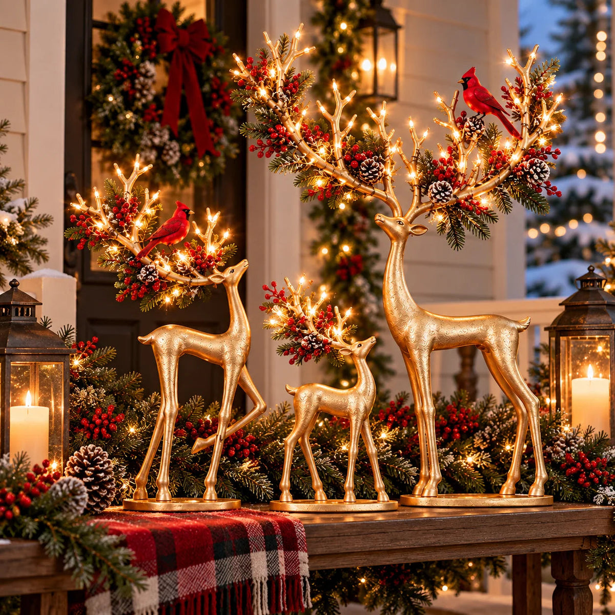🔥 Last Day 50% OFF-✨ Cardinal Woodland Reindeer™ – Lighted Golden Christmas Deer Decorations