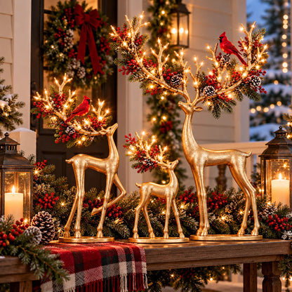 🔥 Last Day 50% OFF-✨ Cardinal Woodland Reindeer™ – Lighted Golden Christmas Deer Decorations