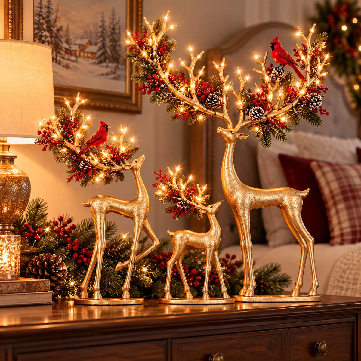 🔥 Last Day 50% OFF-✨ Cardinal Woodland Reindeer™ – Lighted Golden Christmas Deer Decorations