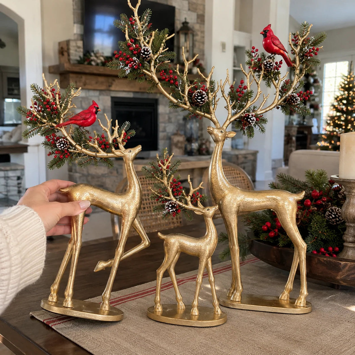🔥 Last Day 50% OFF-✨ Cardinal Woodland Reindeer™ – Lighted Golden Christmas Deer Decorations