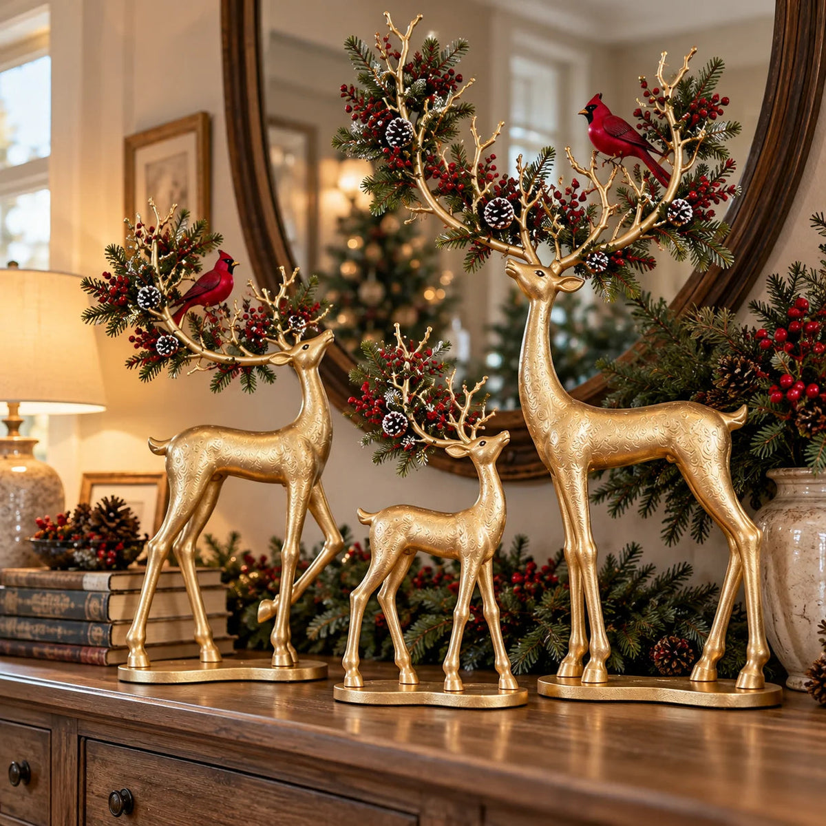 🔥 Last Day 50% OFF-✨ Cardinal Woodland Reindeer™ – Lighted Golden Christmas Deer Decorations