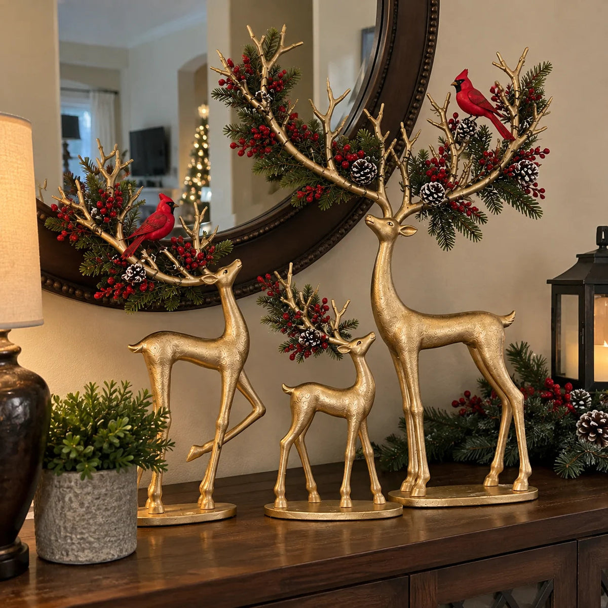🔥 Last Day 50% OFF-✨ Cardinal Woodland Reindeer™ – Lighted Golden Christmas Deer Decorations