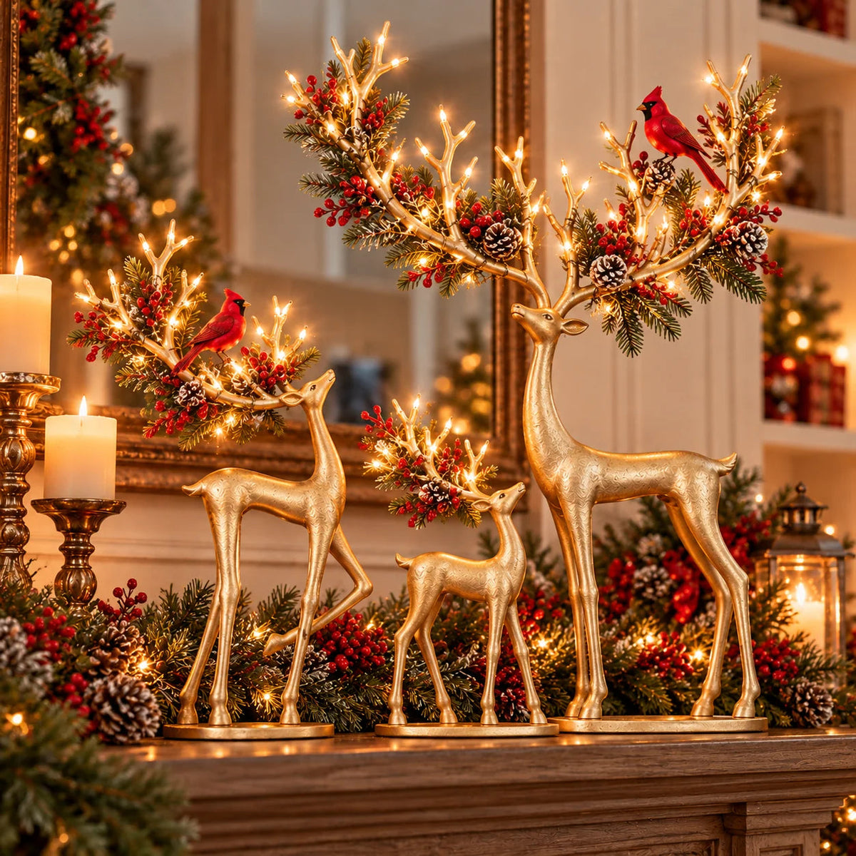 🔥 Last Day 50% OFF-✨ Cardinal Woodland Reindeer™ – Lighted Golden Christmas Deer Decorations