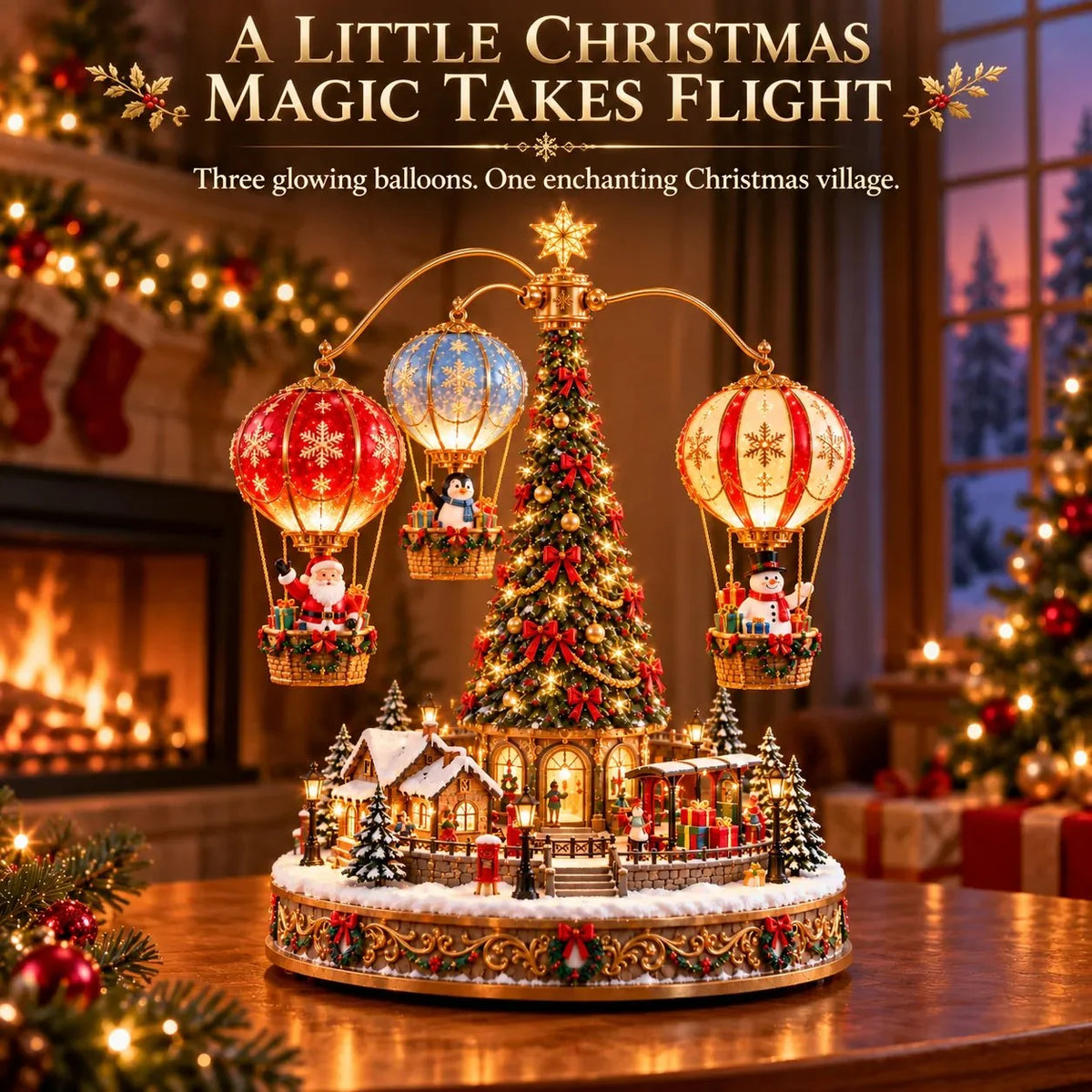 ✨ Last Day – 49% OFF-🎅🎈Santa’s Aerial Journey—A Christmas Hot Air Balloon Village with Lights and Motion