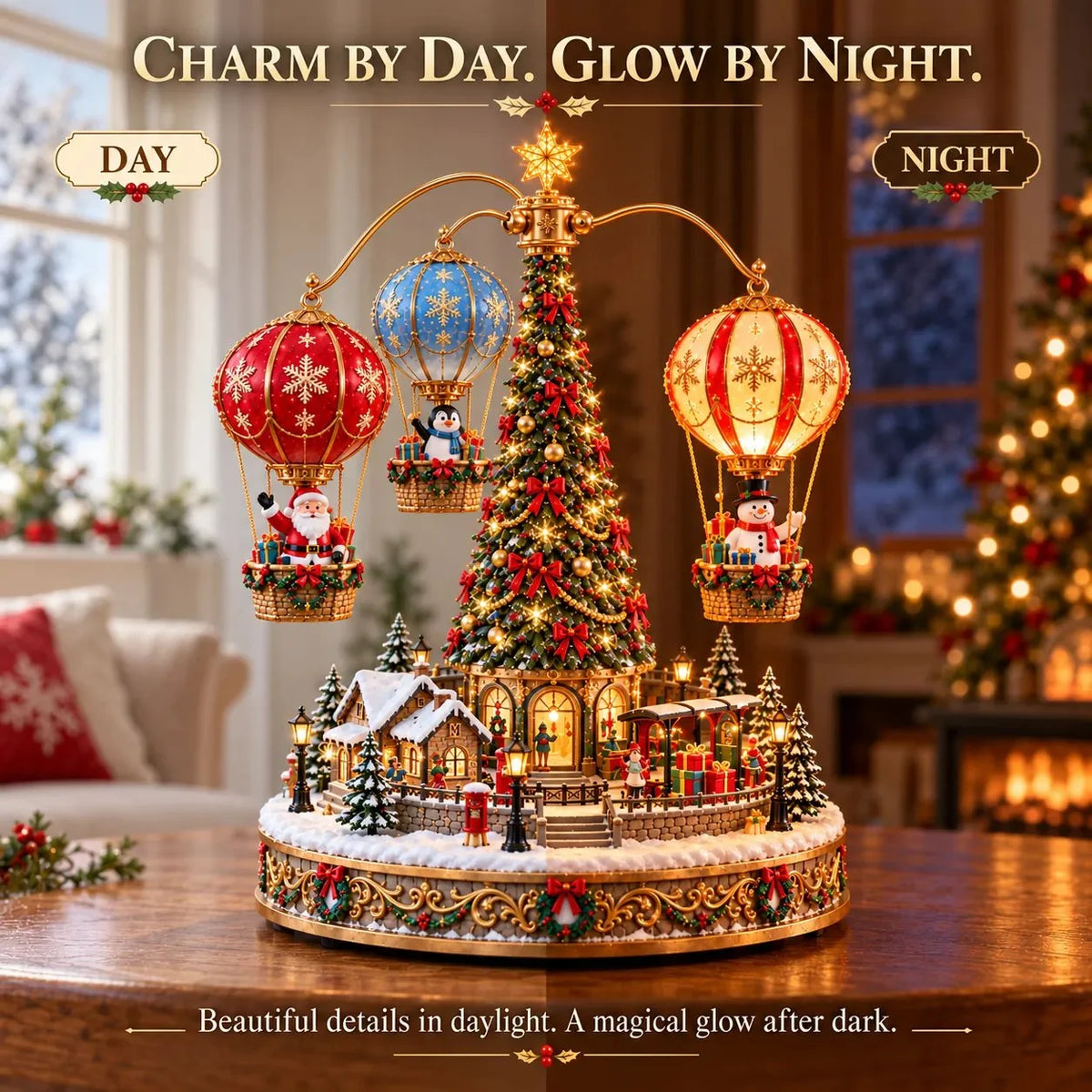 ✨ Last Day – 49% OFF-🎅🎈Santa’s Aerial Journey—A Christmas Hot Air Balloon Village with Lights and Motion
