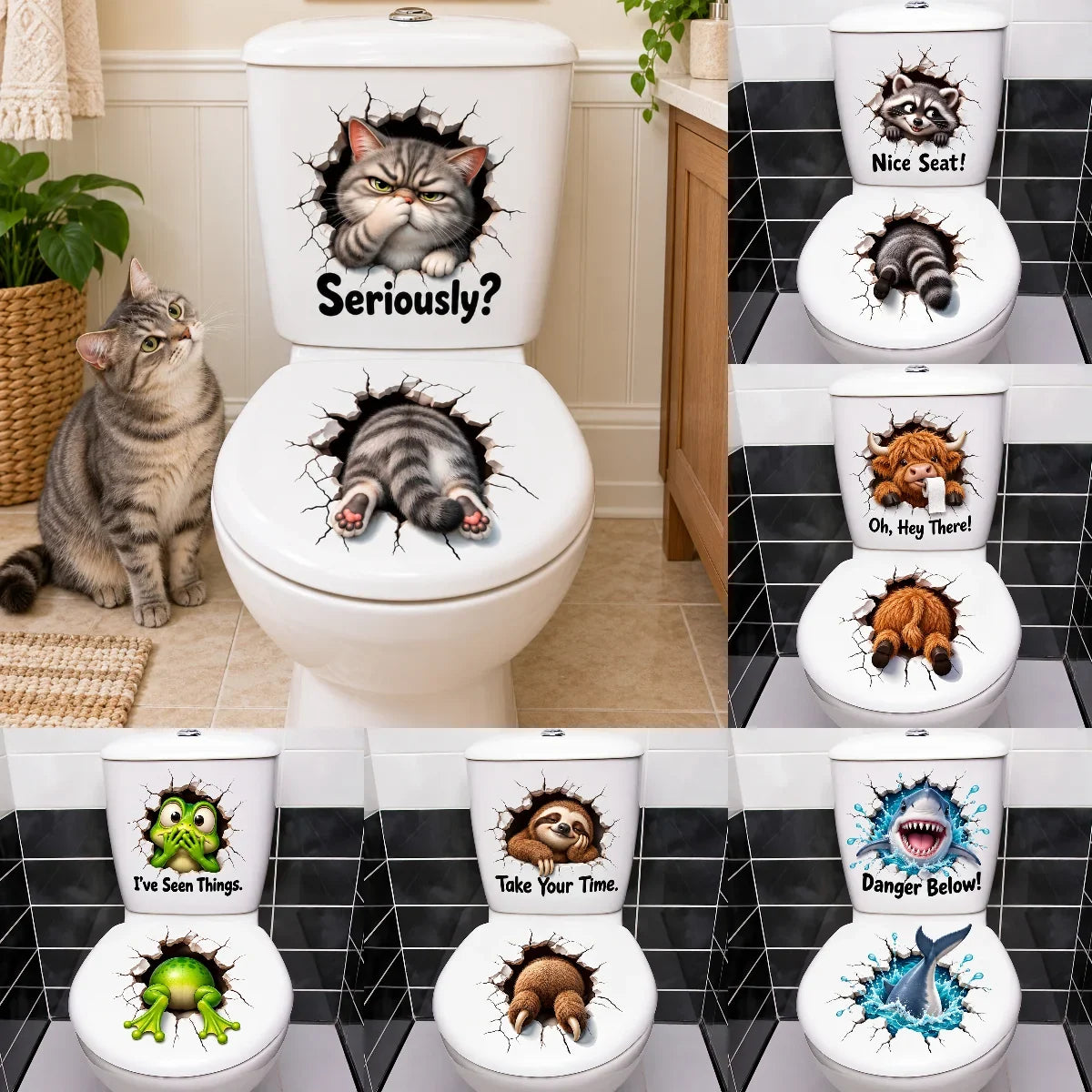 😂 "Bathroom Buddy" — Removable, Fun 3D Toilet Decals | Create Quirky Bathroom Decor or the Perfect Prank Gift 🦝