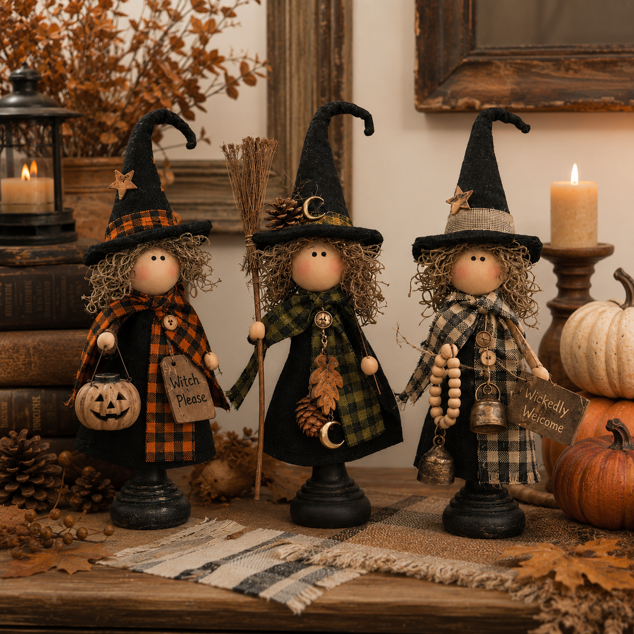🎃 3-Piece Halloween Witch Figurine Set – Rustic Farmhouse Tabletop Decorations for Fall Home Decor
