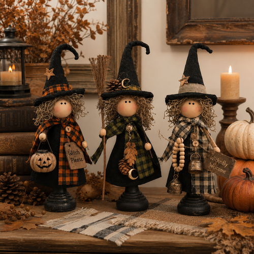 🎃 3-Piece Halloween Witch Figurine Set – Rustic Farmhouse Tabletop Decorations for Fall Home Decor
