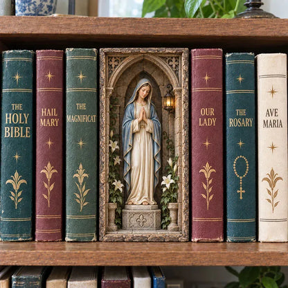 ⏳ Last Day 49% OFF –🙏 Virgin Mary Lighted Book Nook – Sacred Chapel Bookshelf Decor