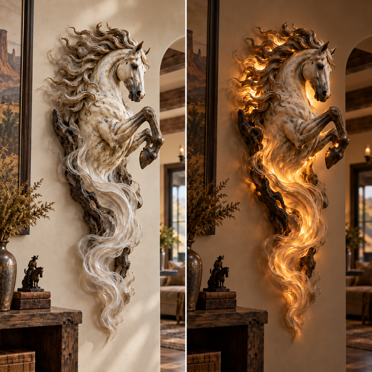 Emberlight horse sculpture shown in daylight and illuminated at night