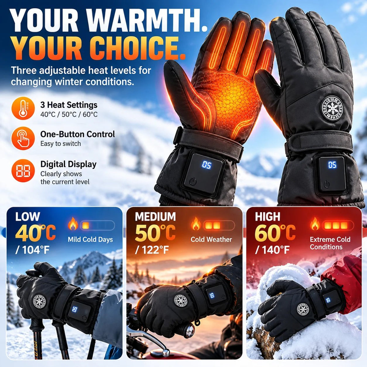 ⏳ Last Day 50% OFF-🔥 Rechargeable Heated Gloves – 3 Heat Settings, Waterproof Touchscreen Winter Gloves