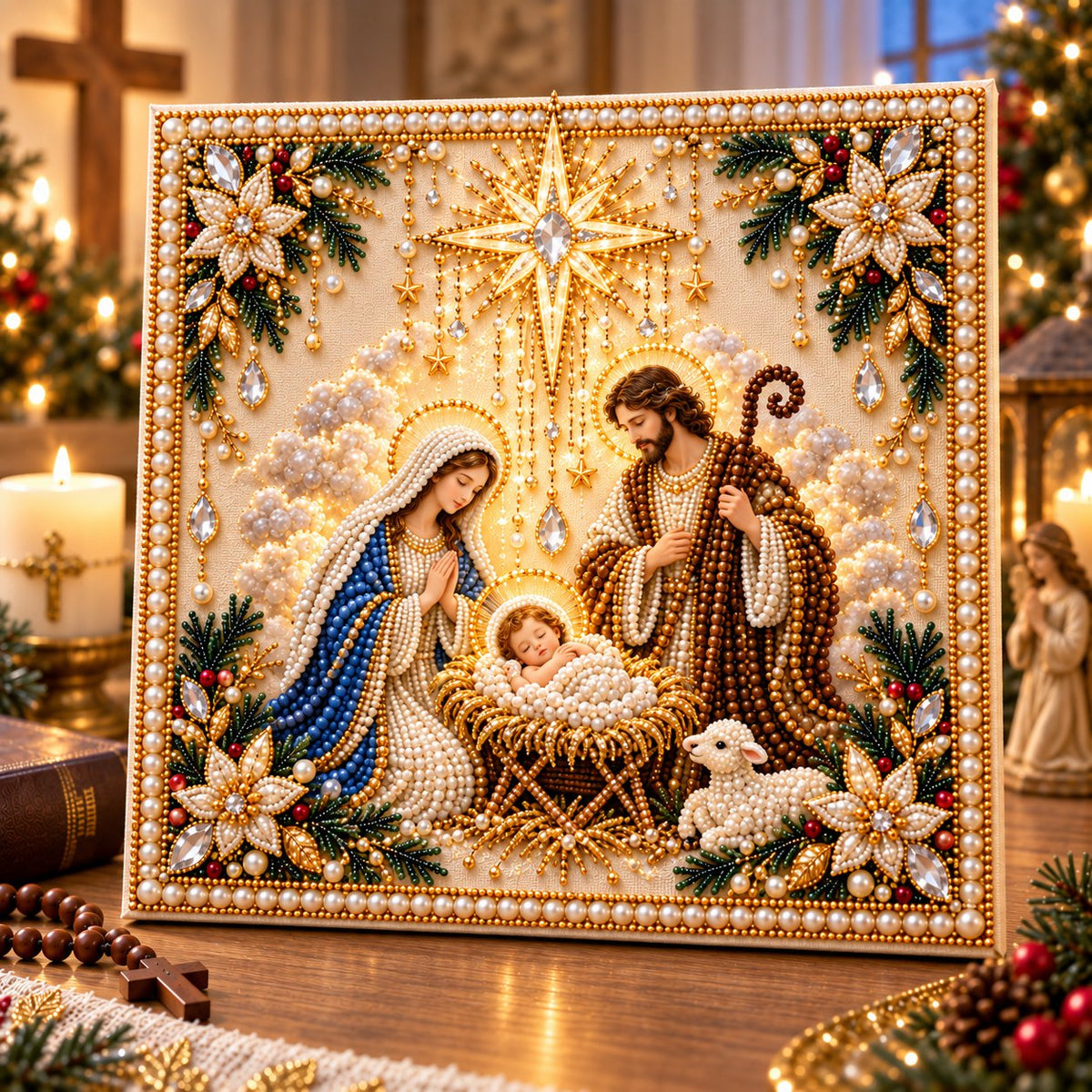 Finished Holy Nativity Christian pearl artwork