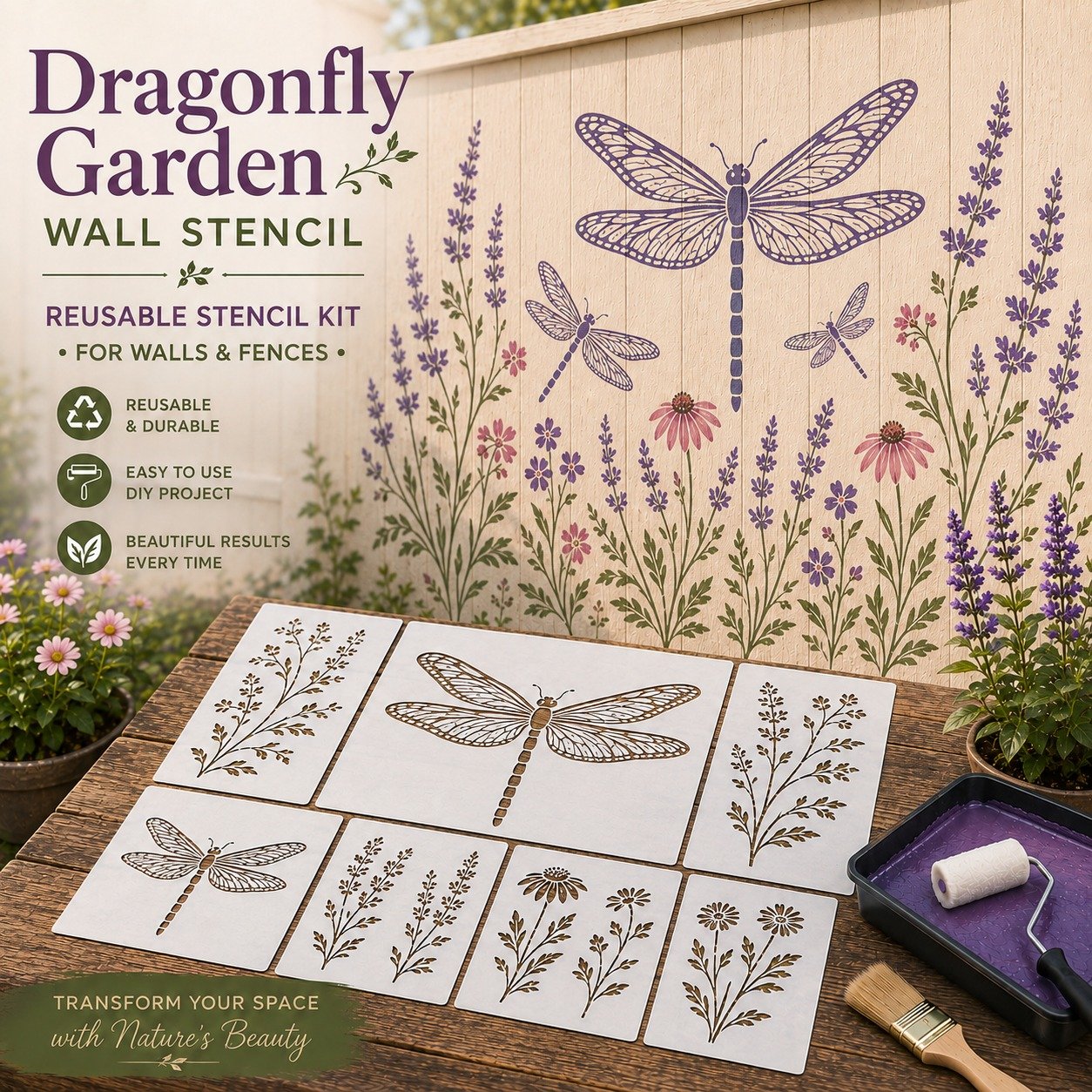 🌿🌸Garden Bloom Wall Stencil Collection – Reusable DIY Floral Painting Templates