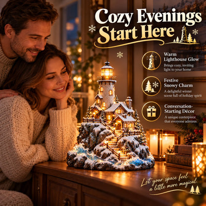 ❄️ Winter Lighthouse Cottage Glow — Lighted Coastal Christmas Village ✨