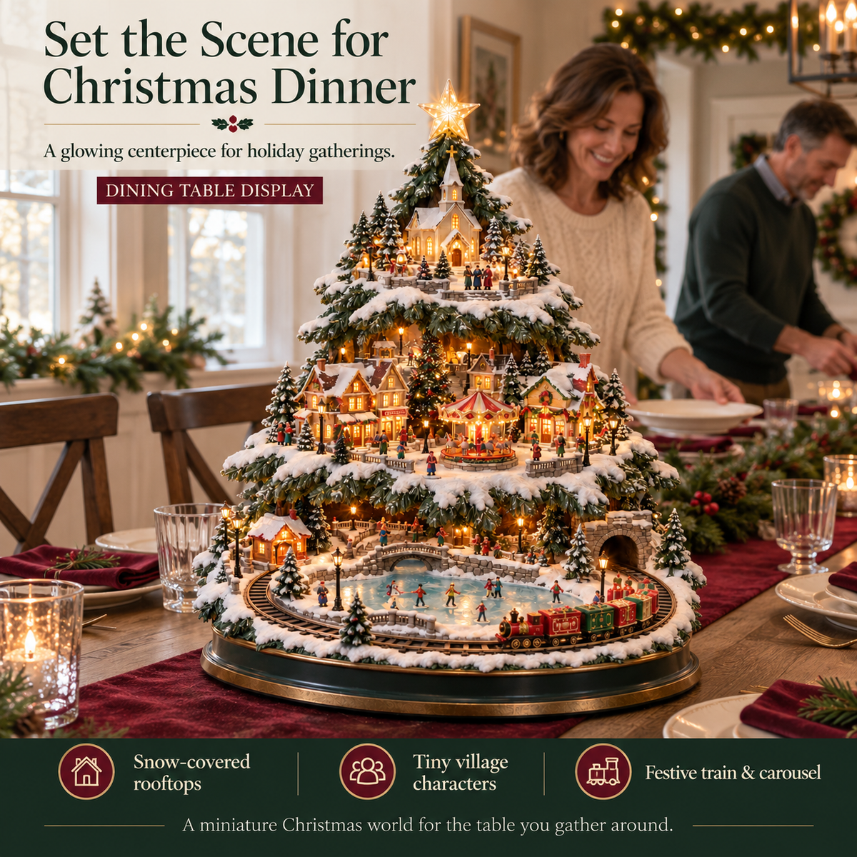 🔥LAST DAY 49%🔥OFF Lighted Christmas Village Tree with Train & Carousel