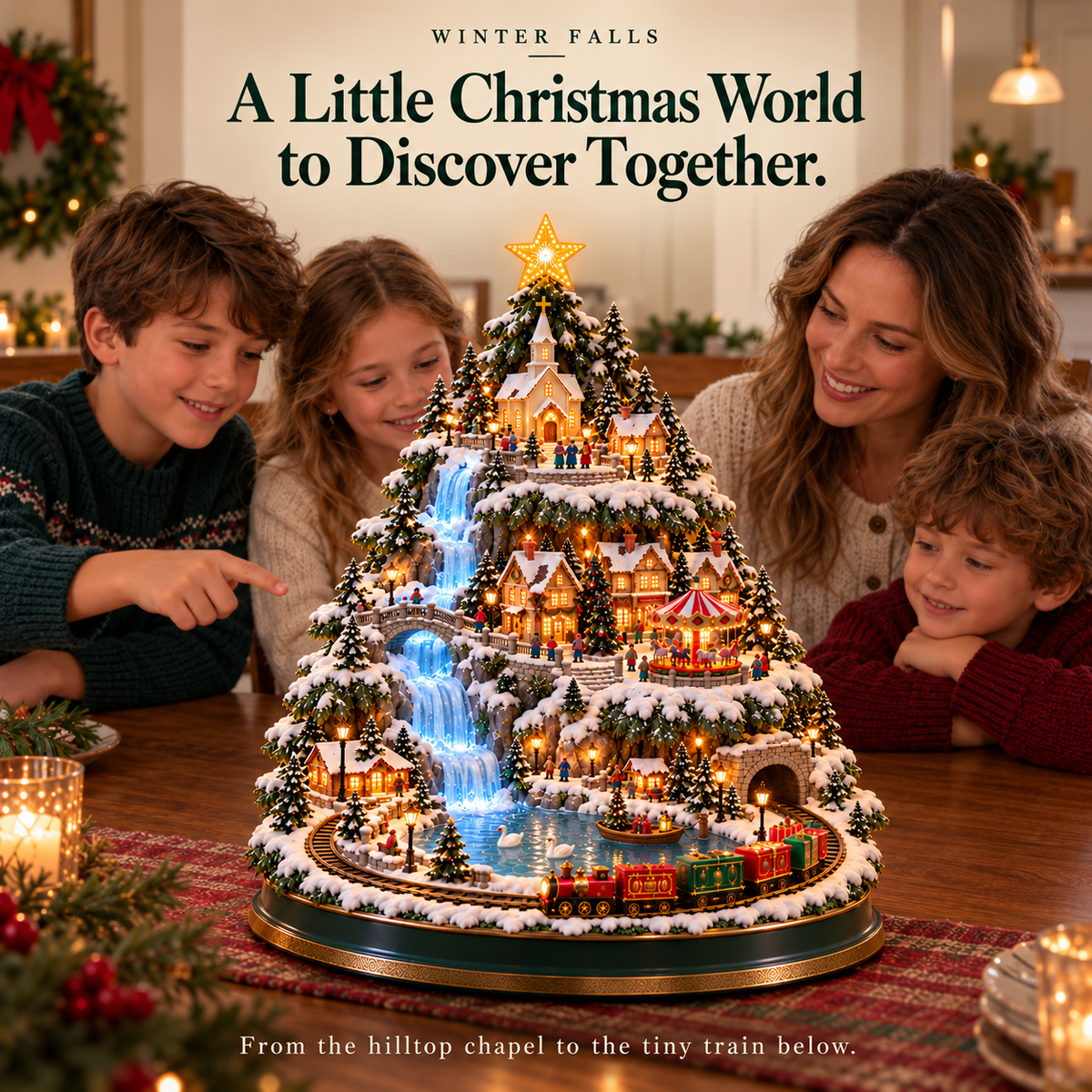 🔥 Last Day 50% OFF 💧Winter Falls — Lighted Christmas Village Tree with Waterfall, Train & Carousel