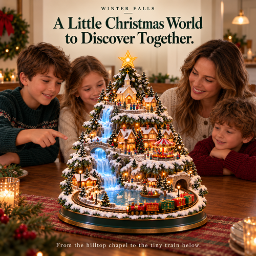 🔥 Last Day 50% OFF 💧Winter Falls — Lighted Christmas Village Tree with Waterfall, Train & Carousel