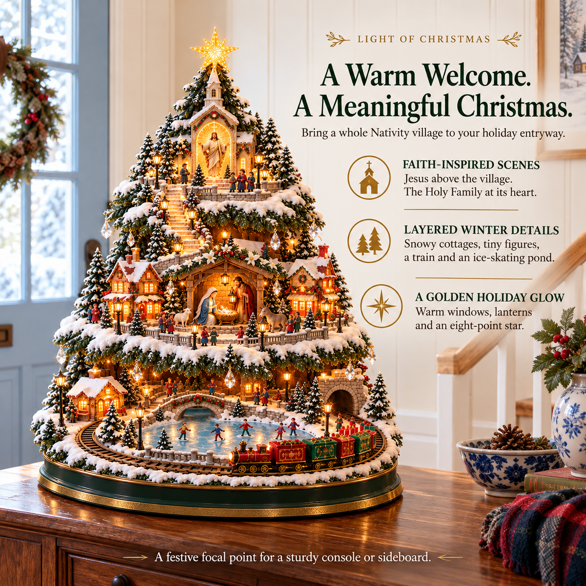 ✨LAST DAY 49% OFF Jesus, Light of Christmas — Illuminated Nativity Village Tree with Train