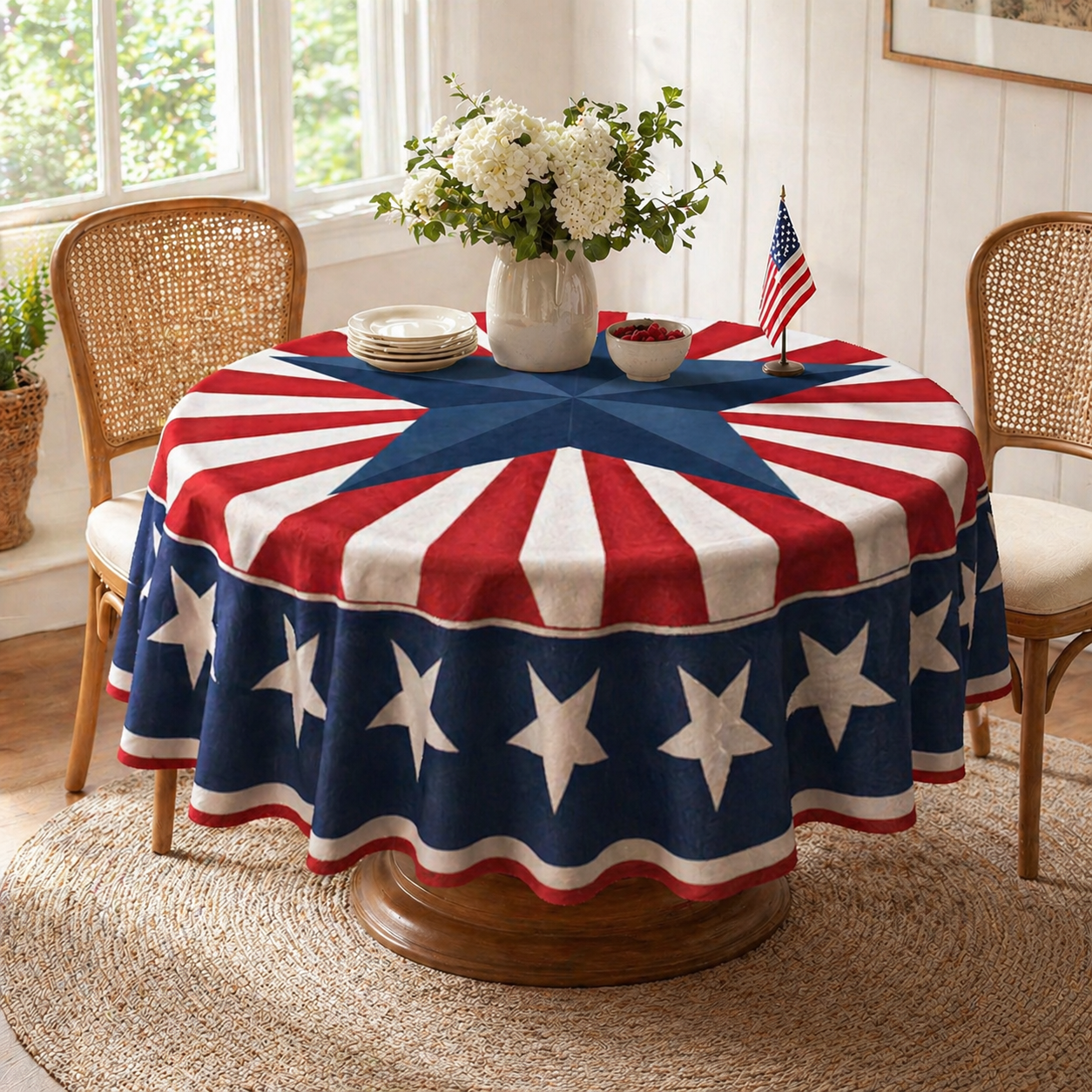 🇺🇸 Patriotic Round Tablecloth Outdoor Picnic Party Decor