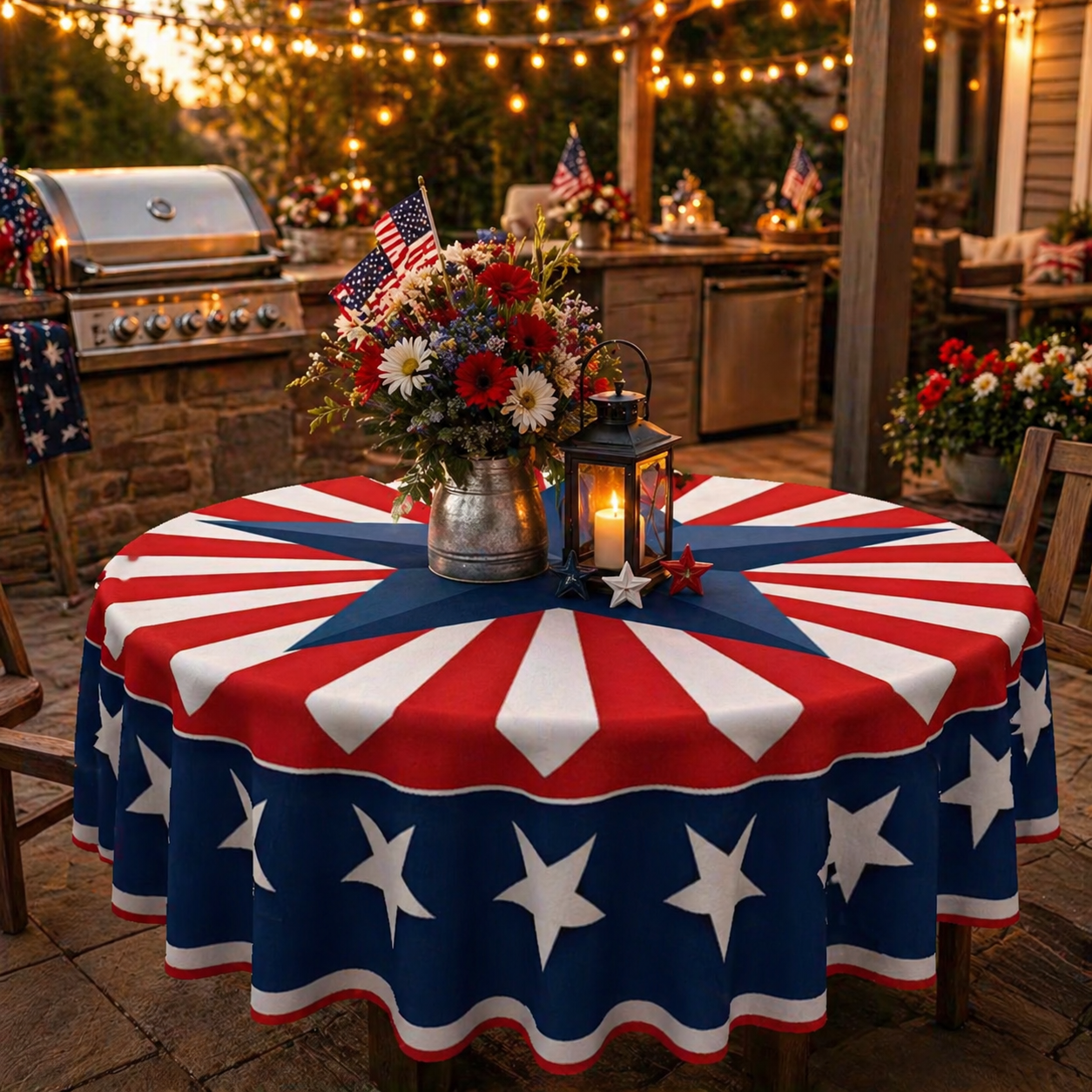 🇺🇸 Patriotic Round Tablecloth Outdoor Picnic Party Decor