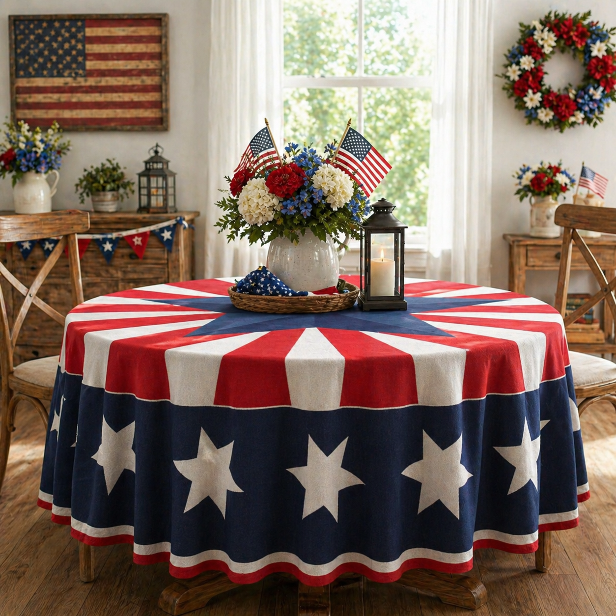 🇺🇸 Patriotic Round Tablecloth Outdoor Picnic Party Decor