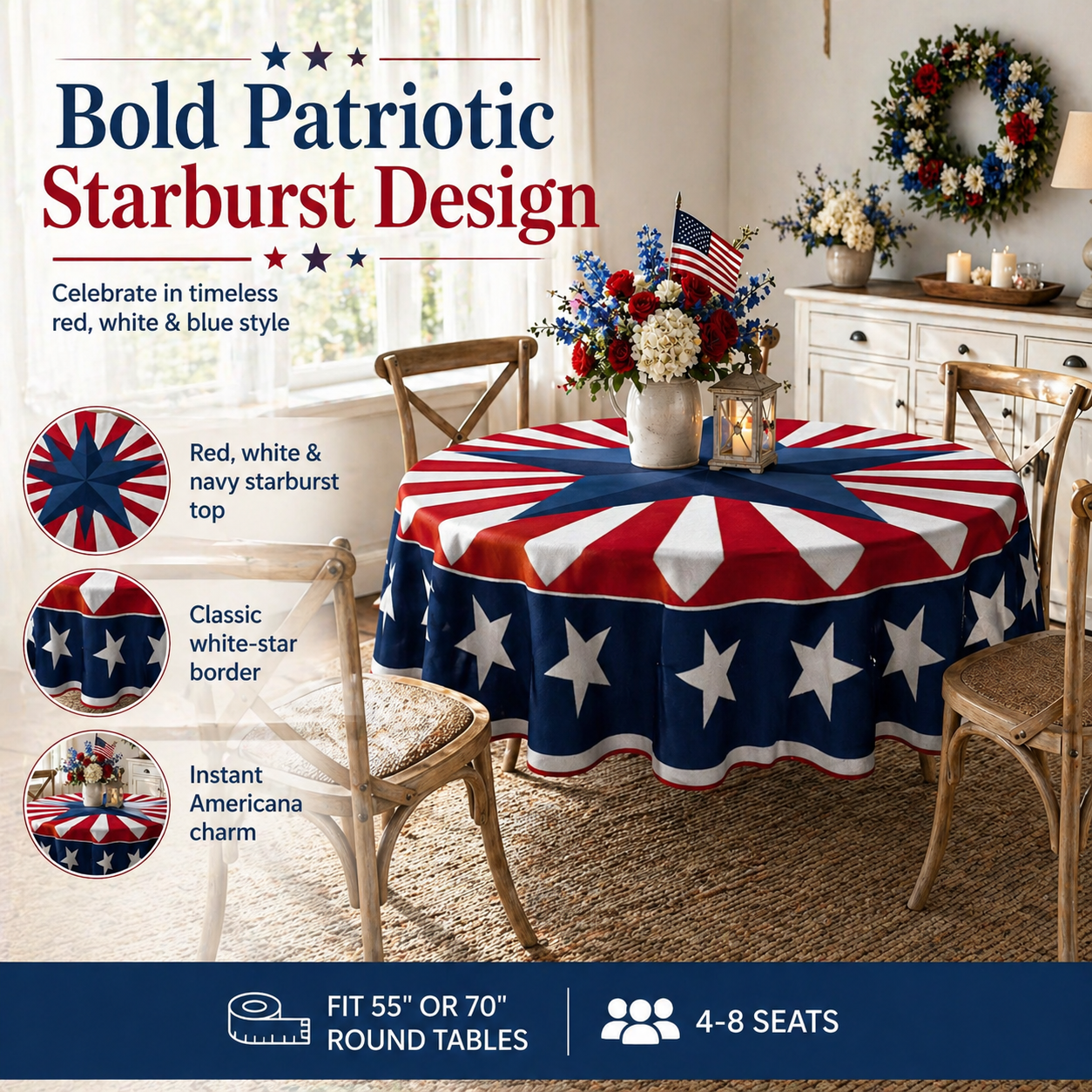 🇺🇸 Patriotic Round Tablecloth Outdoor Picnic Party Decor