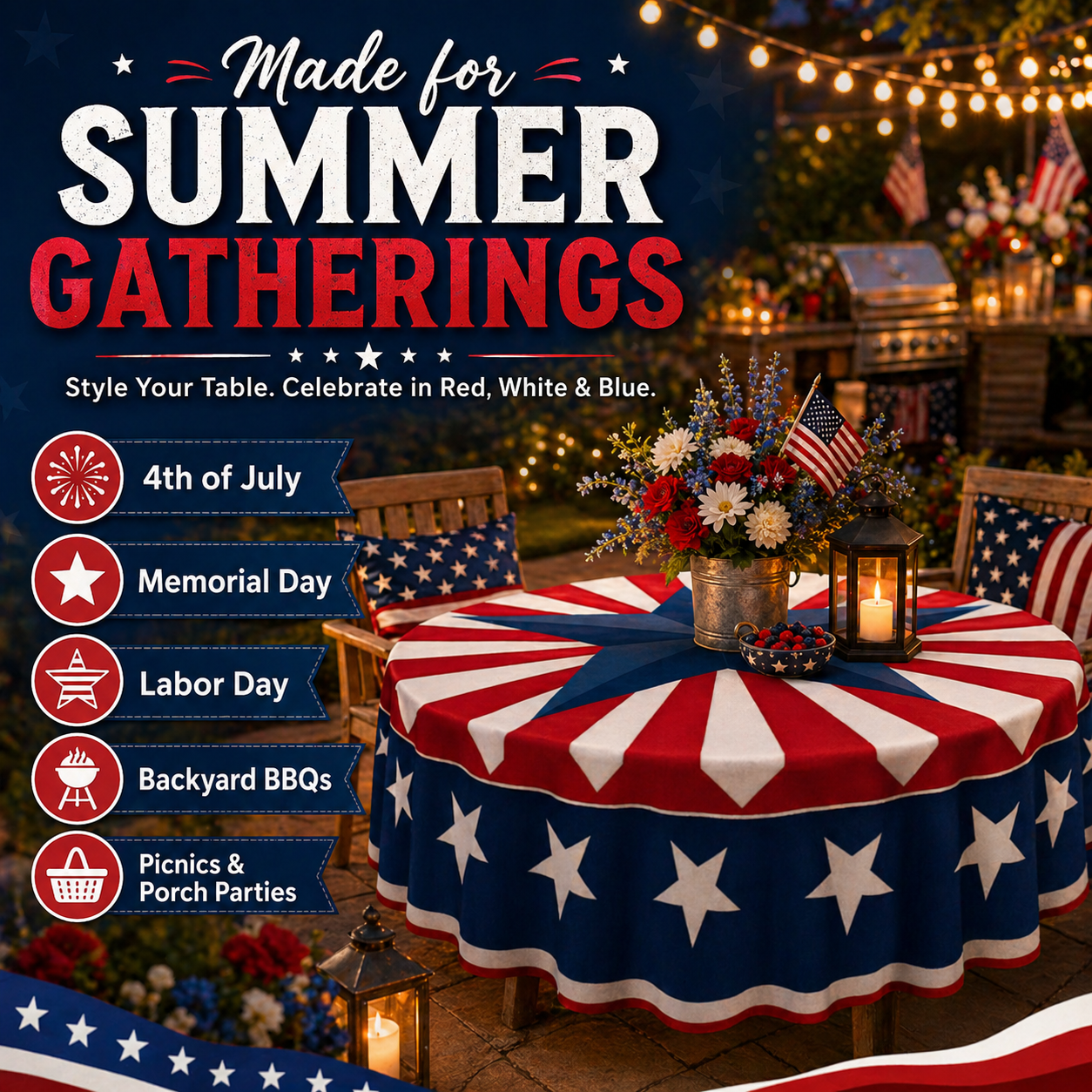🇺🇸 Patriotic Round Tablecloth Outdoor Picnic Party Decor