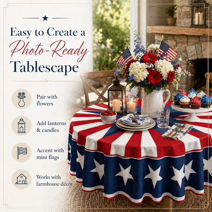 🇺🇸 Patriotic Round Tablecloth Outdoor Picnic Party Decor