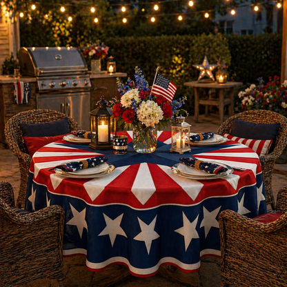 🇺🇸 Patriotic Round Tablecloth Outdoor Picnic Party Decor