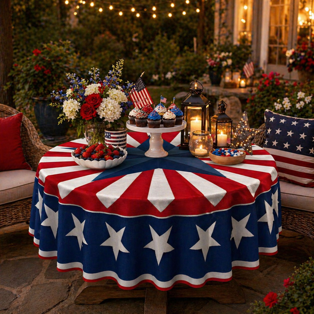 🇺🇸 Patriotic Round Tablecloth Outdoor Picnic Party Decor